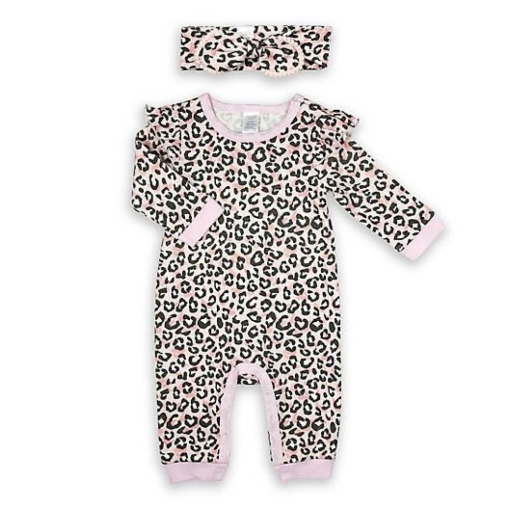 Modern Baby Size 12M 2 Pc. Pink Animal Print Romper - Coverall & Headband Set